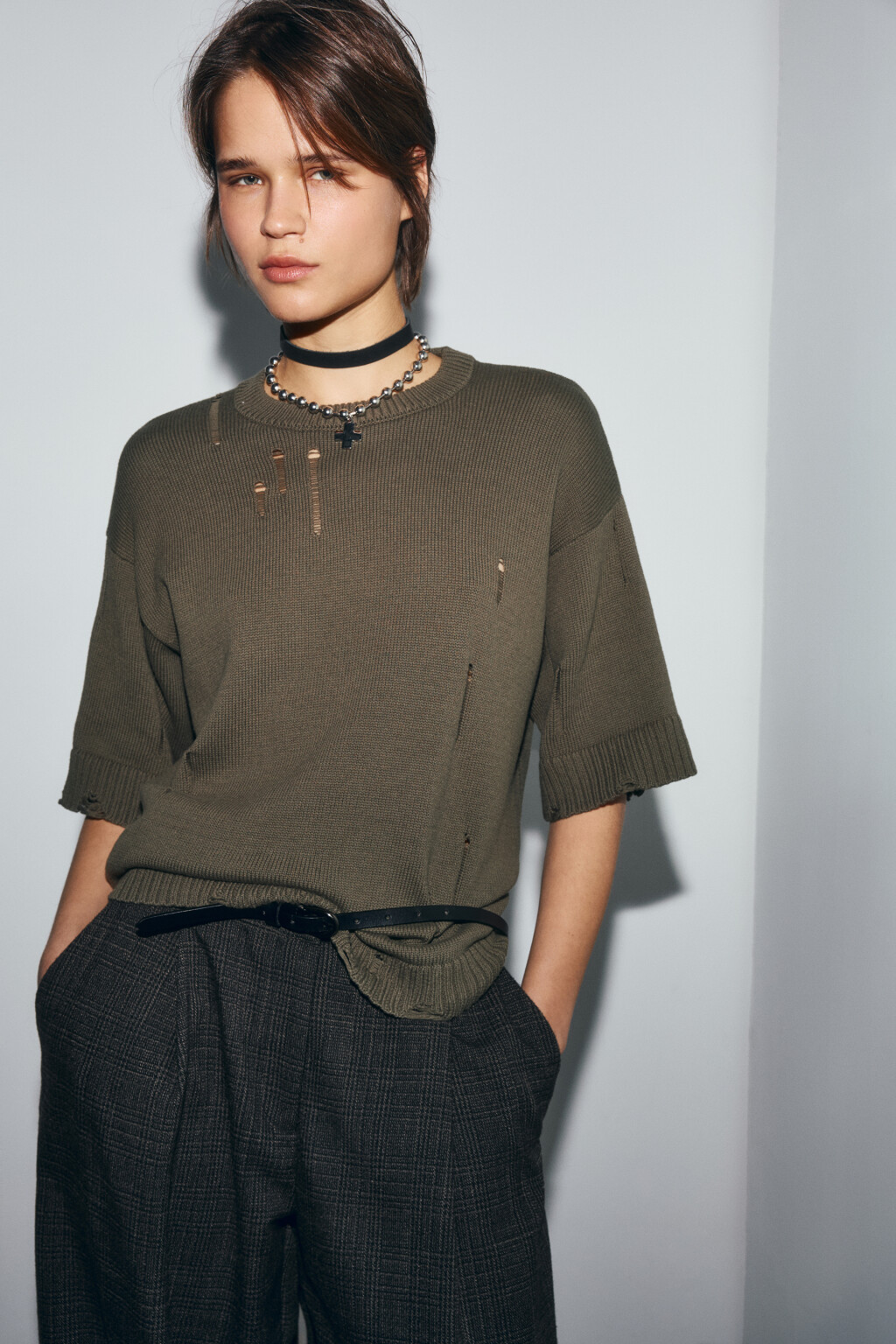 Футболка вязаная рваная - цвет зеленый - 1