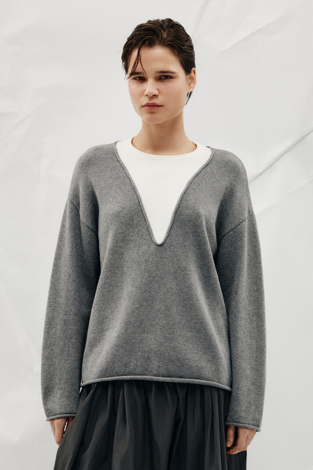 Джемпер с руликами и имитацией второго слоя - цвет серый - 2