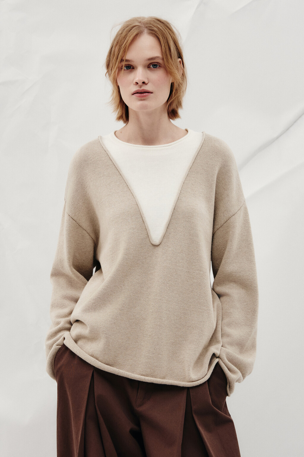 Джемпер с руликами и имитацией второго слоя - цвет бежевый - 2