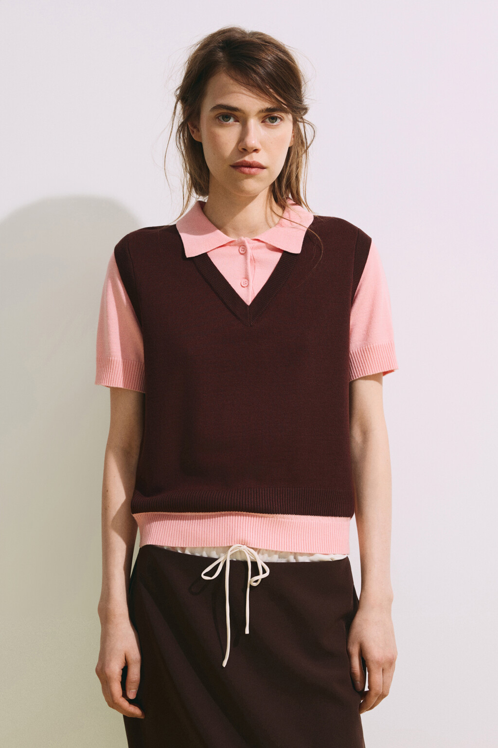 Джемпер-поло с имитацией жилетки - цвет розовый - 3