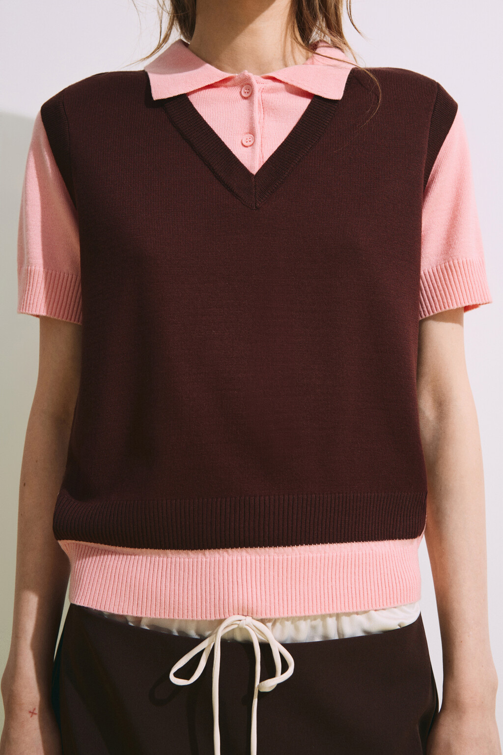 Джемпер-поло с имитацией жилетки - цвет розовый - 6