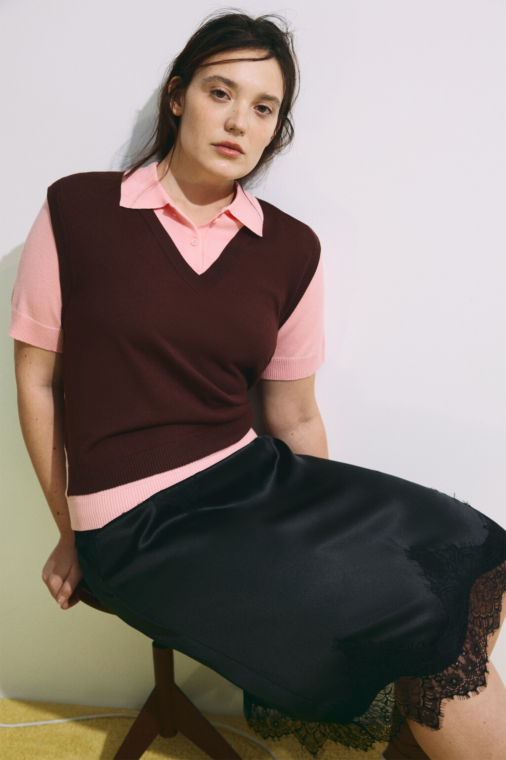 Джемпер-поло с имитацией жилетки - цвет розовый - 1