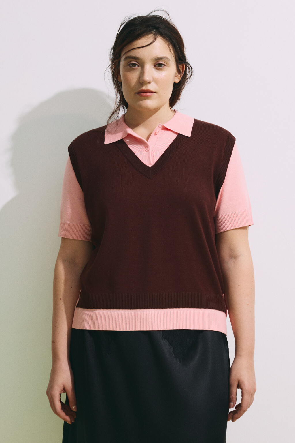 Джемпер-поло с имитацией жилетки - цвет розовый - 2