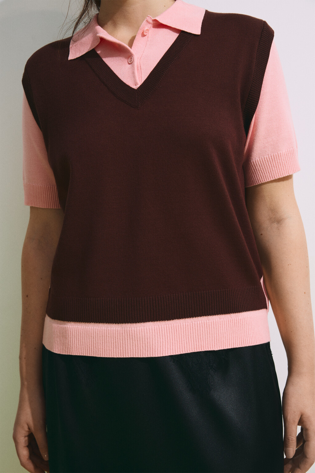 Джемпер-поло с имитацией жилетки - цвет розовый - 5