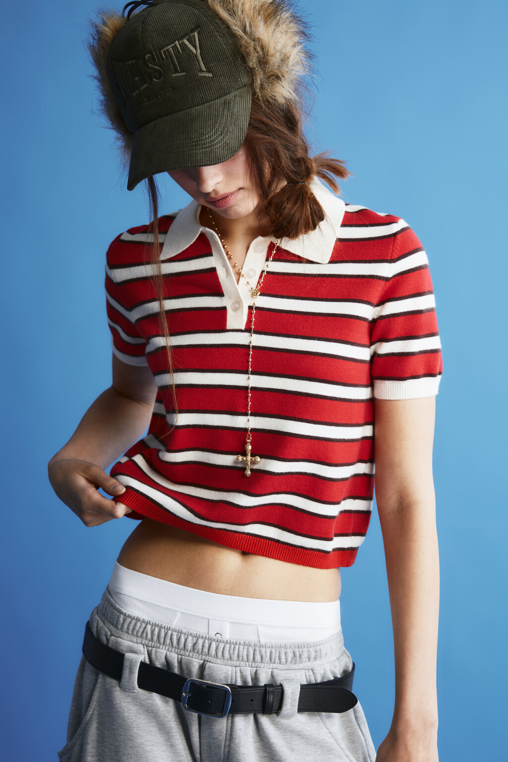 Футболка-вязаная в полоску - цвет красный - 1