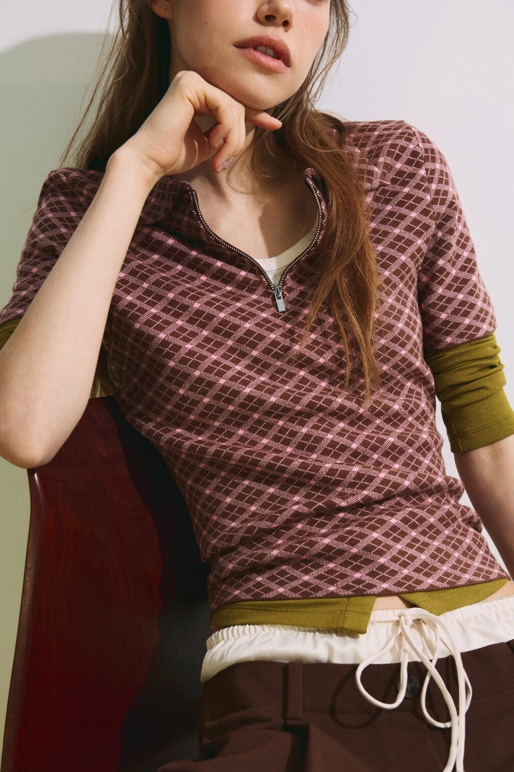 Футболка-поло вязаная жаккардовая на молнии - цвет коричневый - 2