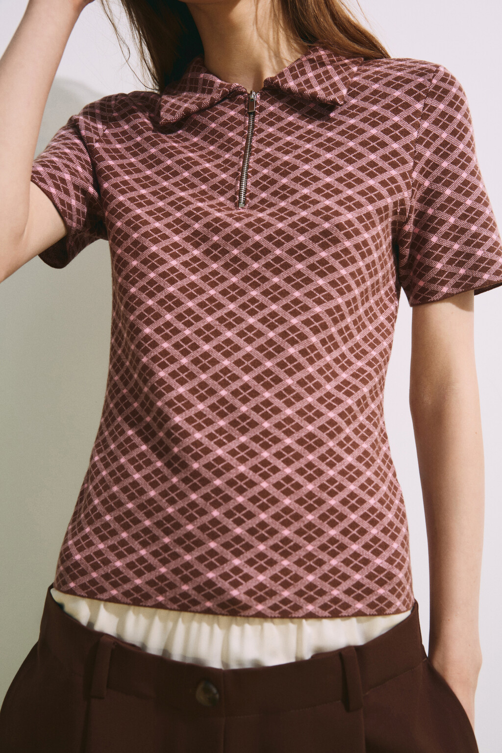 Футболка-поло вязаная жаккардовая на молнии - цвет коричневый - 6