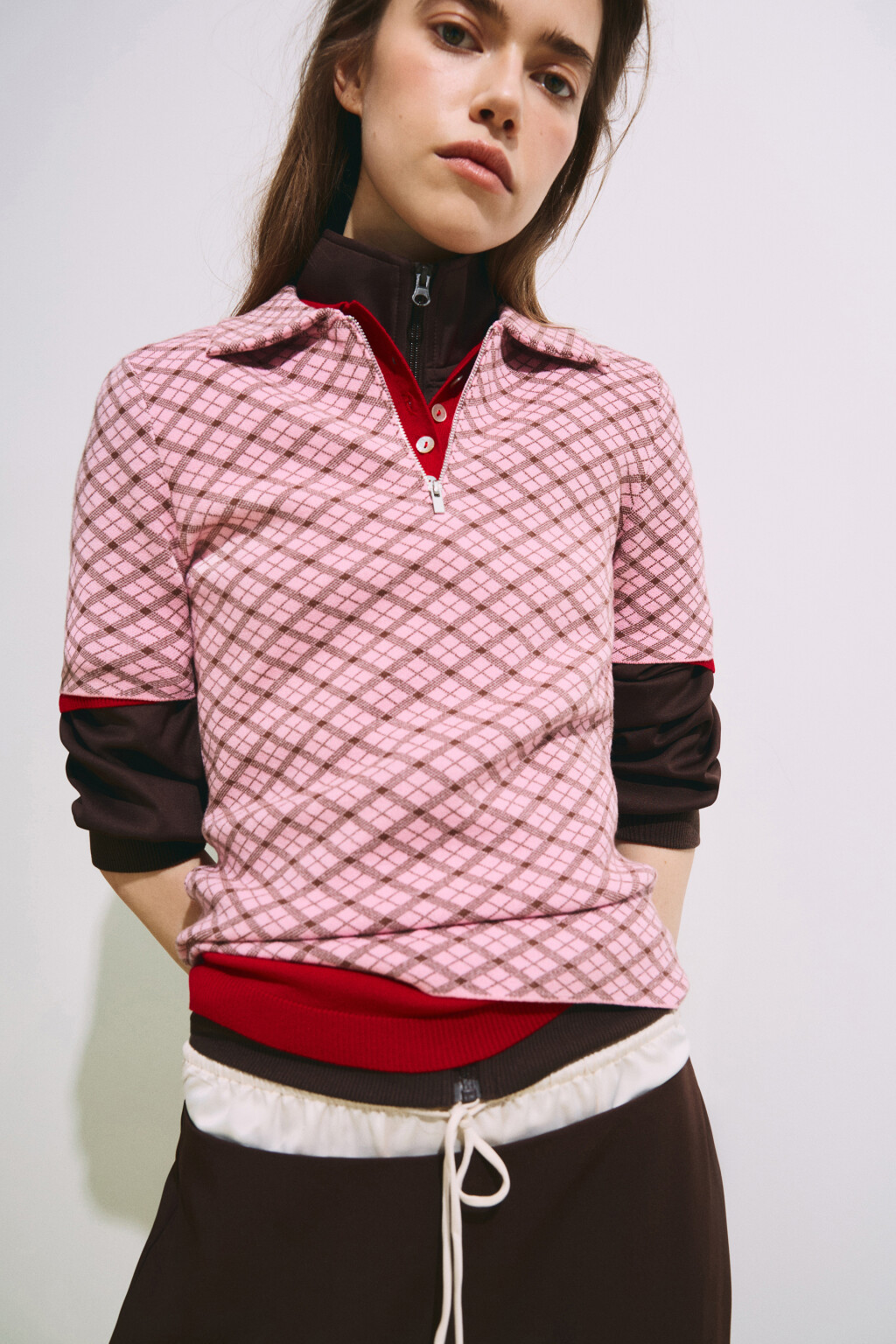 Футболка-поло вязаная жаккардовая на молнии - цвет розовый - 1
