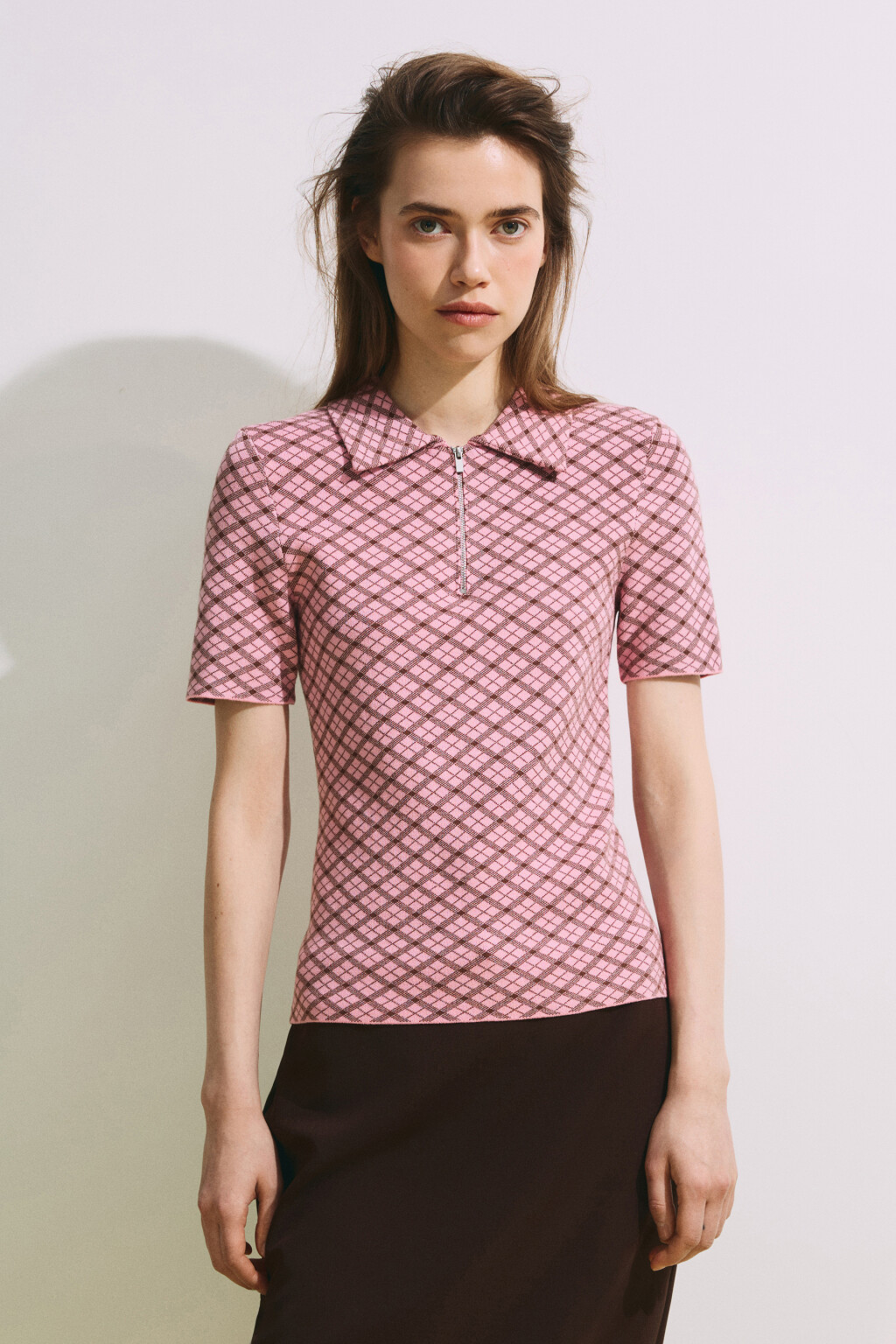 Футболка-поло вязаная жаккардовая на молнии - цвет розовый - 3