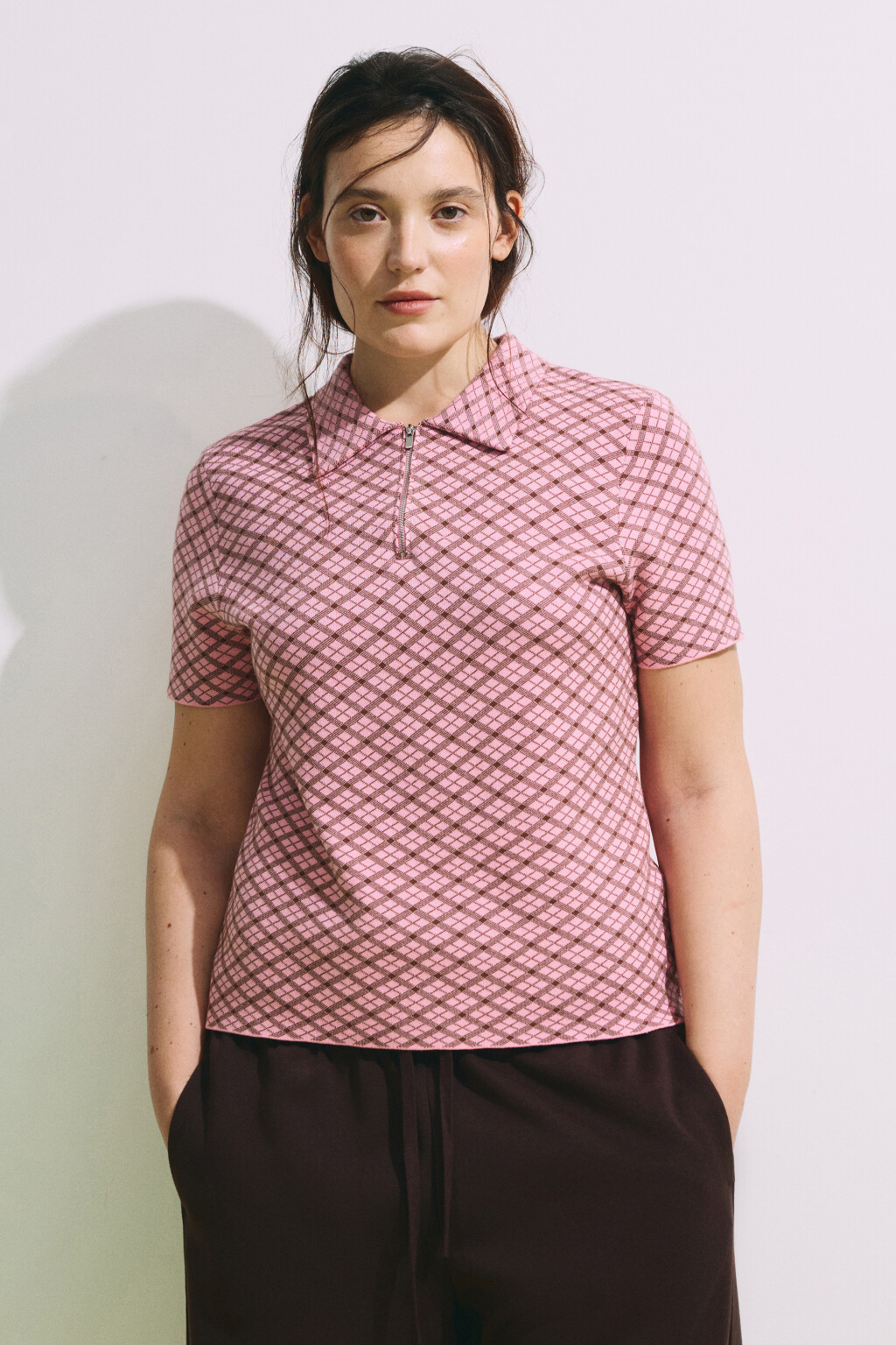 футболка-поло вязаная жаккардовая на молнии - цвет розовый - 2