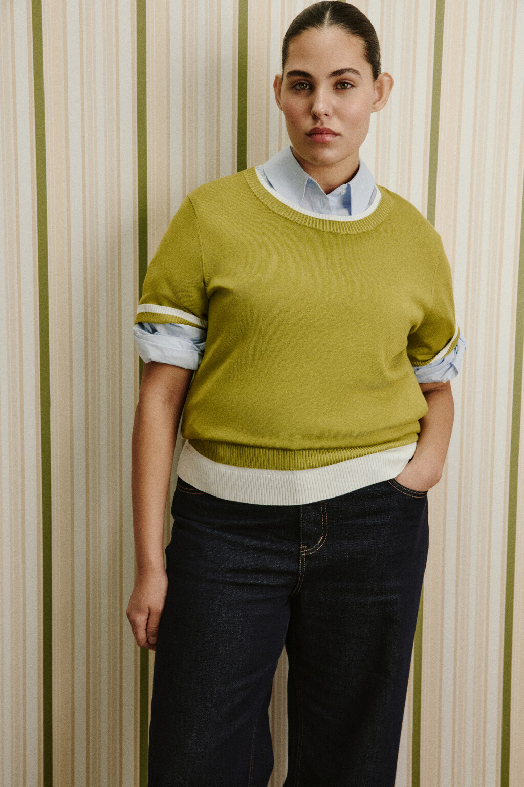 Футболка вязаная с имитацией второго слоя - цвет зеленый - 1