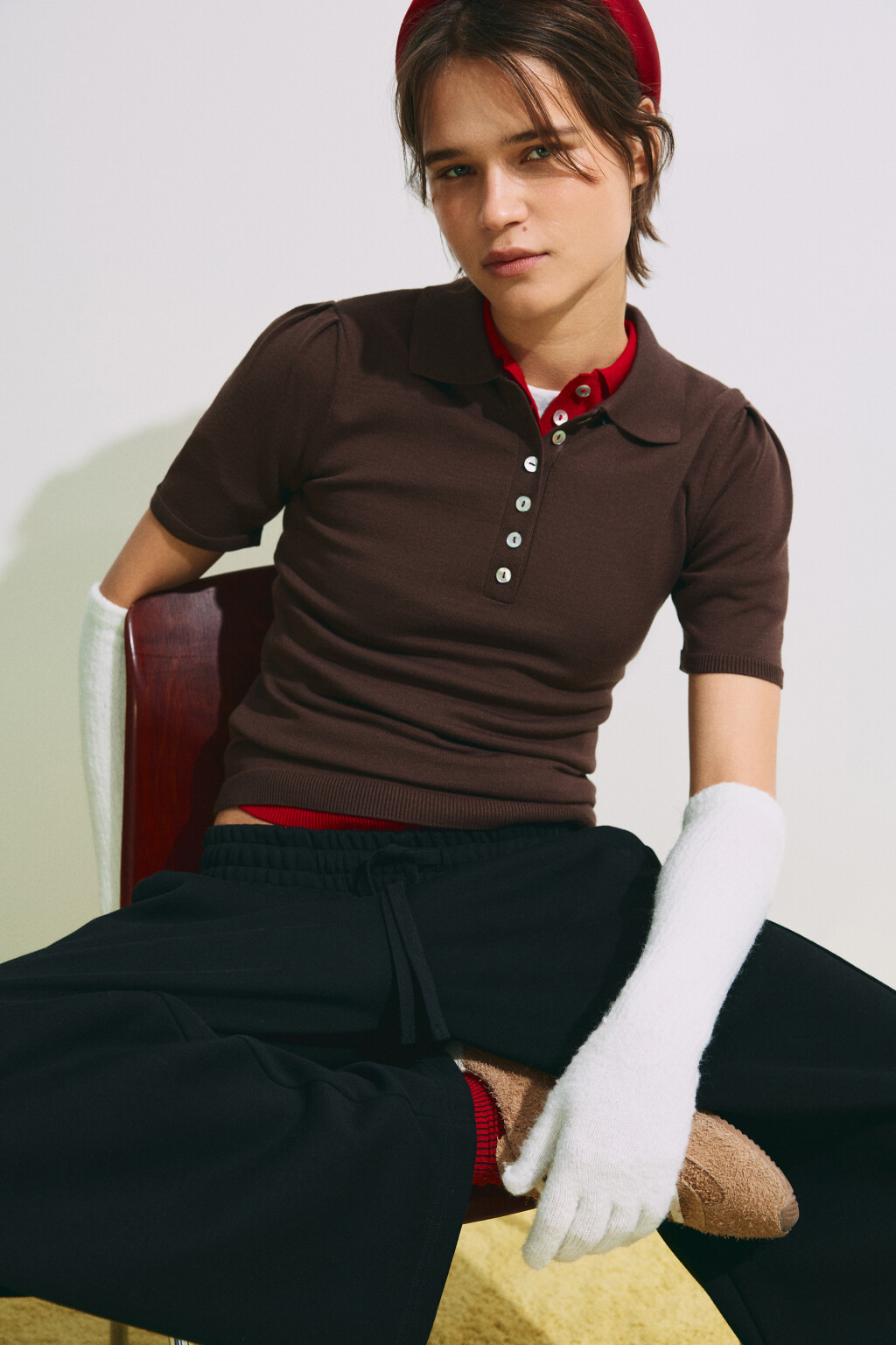 Футболка-поло вязаная - цвет коричневый - 2