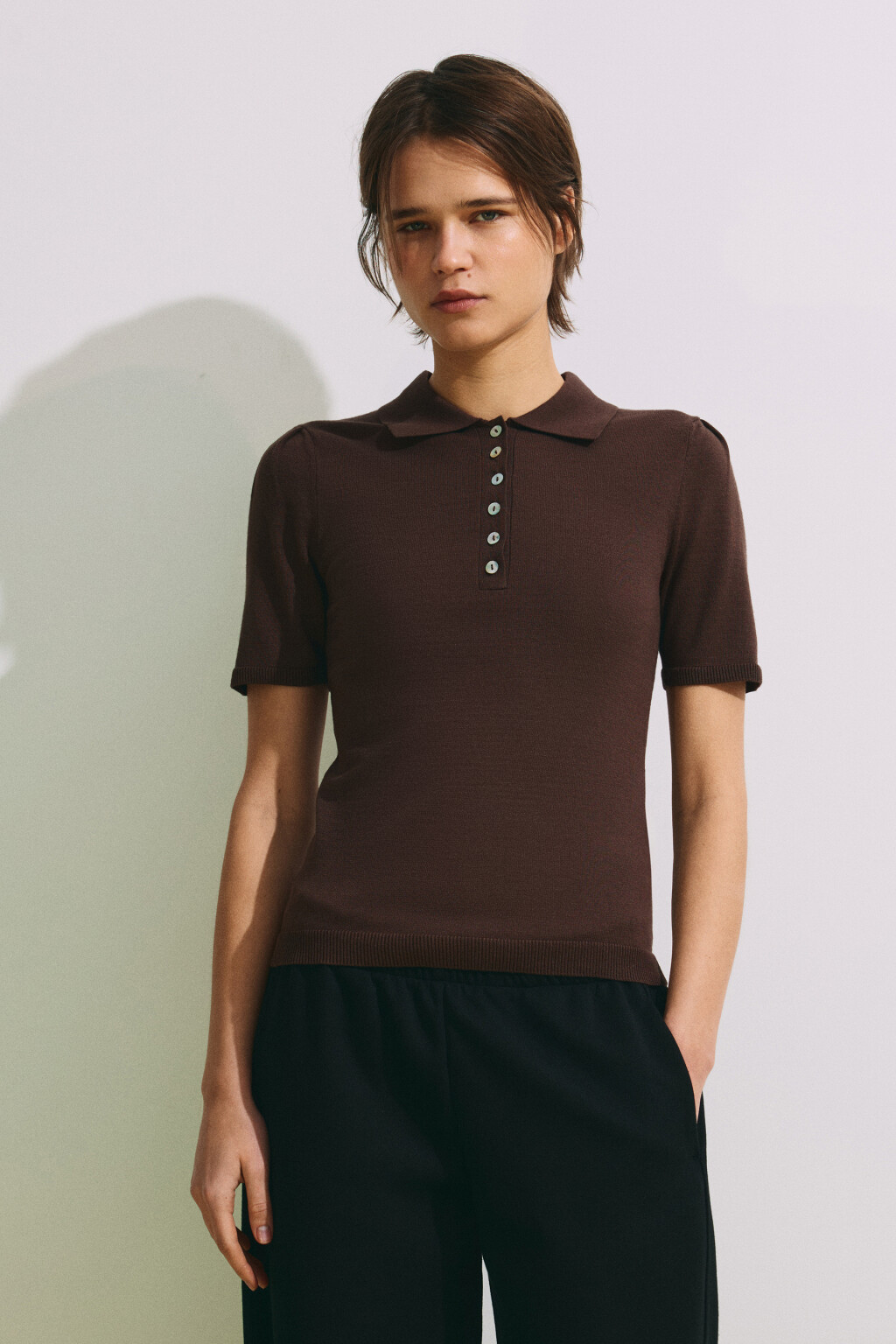 Футболка-поло вязаная - цвет коричневый - 3