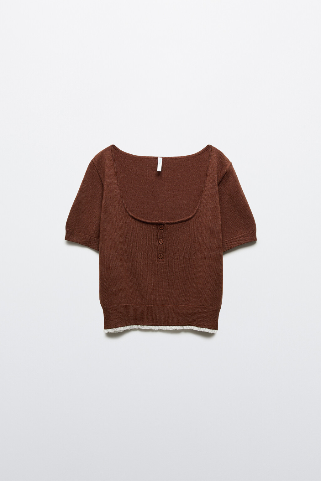 Футболка вязаная с кружевной отделкой - цвет коричневый - 1