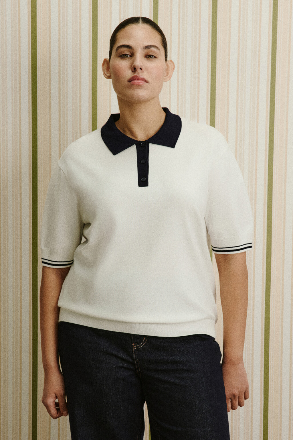 Футболка-поло вязаная - цвет молочный - 2