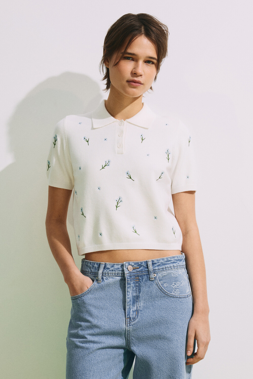 Футболка-поло с вышивкой - цвет молочный - 2