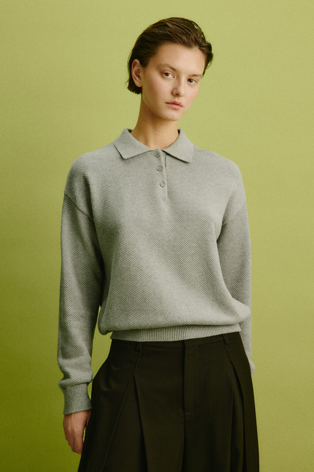 Джемпер-поло вязаный на пуговицах - цвет серый - 2