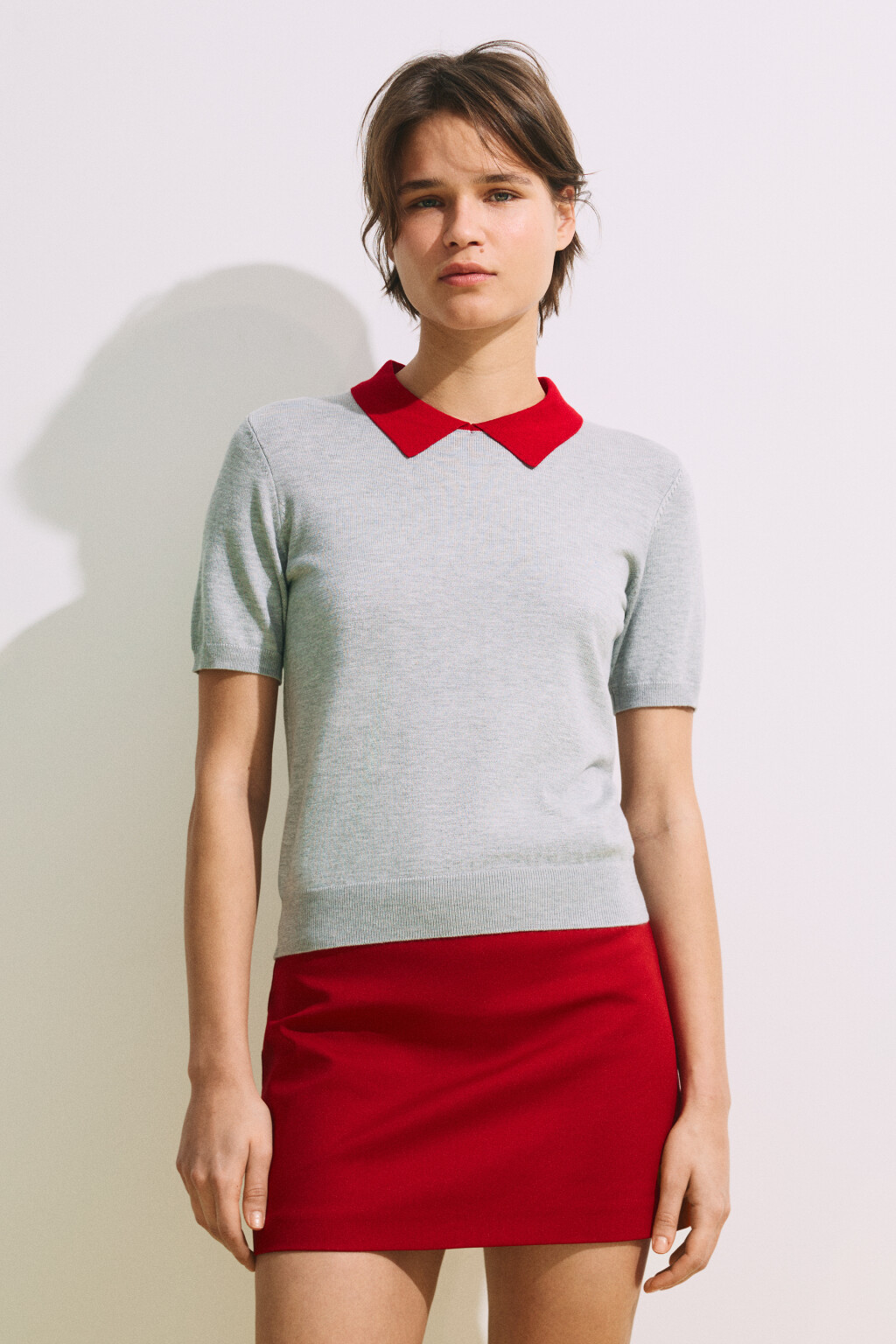 Футболка-поло вязаная с контрастным воротником - цвет серый - 2