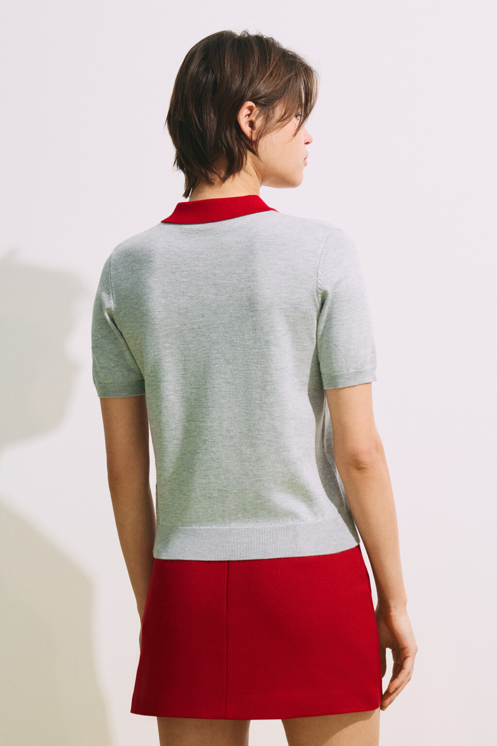 Футболка-поло вязаная с контрастным воротником - цвет серый - 3