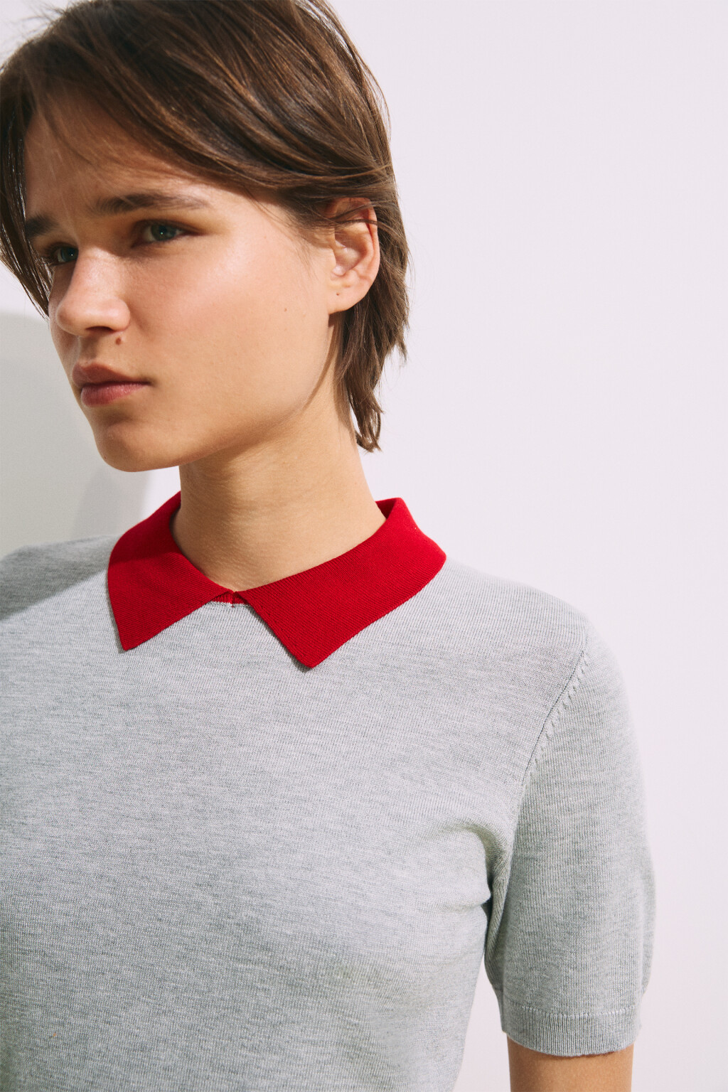 Футболка-поло вязаная с контрастным воротником - цвет серый - 6