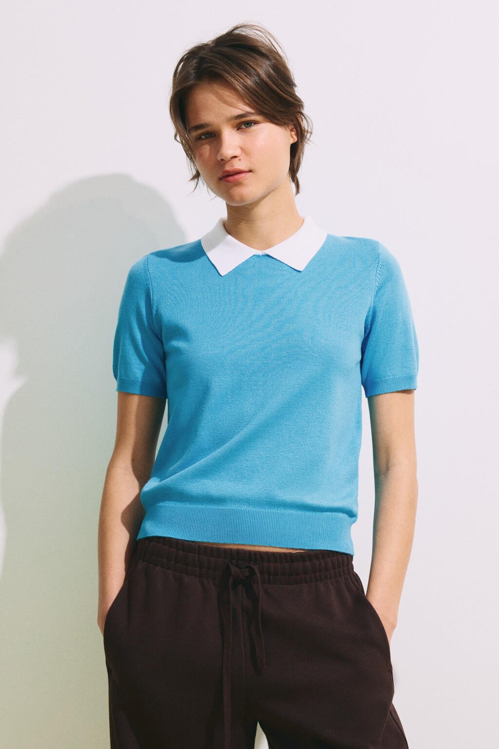 Футболка-поло вязаная с контрастным воротником - цвет голубой - 3