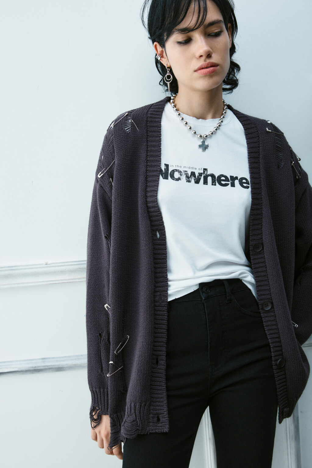 Кардиган удлиненный с декоративными булавками - цвет серый - 1