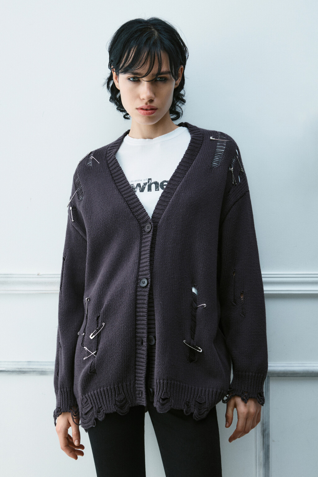 Кардиган удлиненный с декоративными булавками - цвет серый - 2