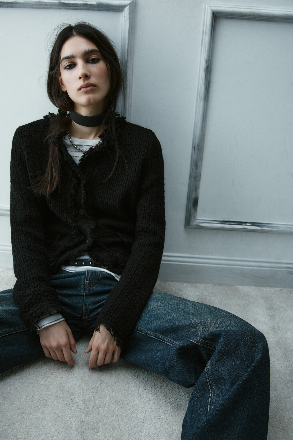 Жакет твидовый с бахромой - цвет черный - 1