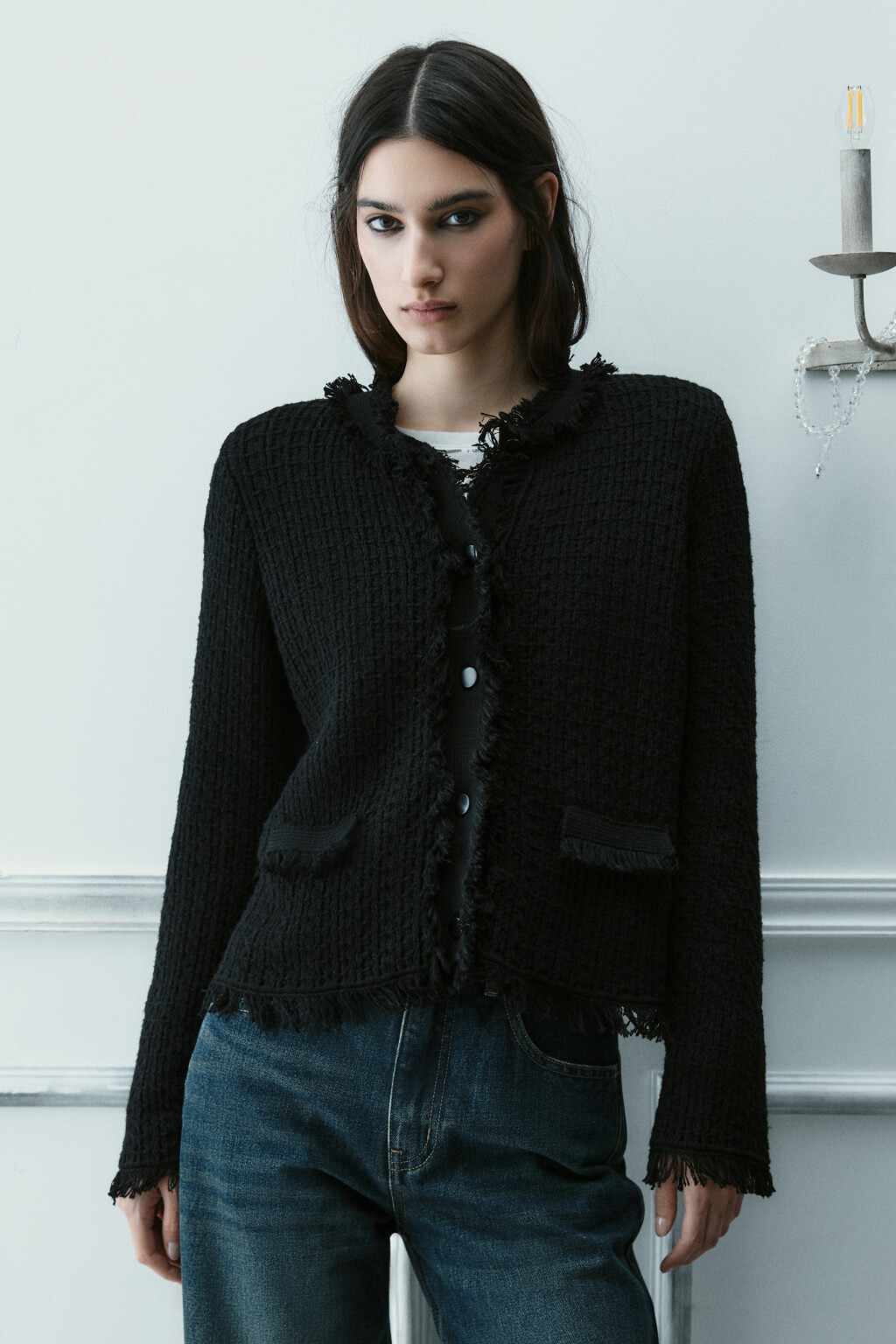 Жакет твидовый с бахромой - цвет черный - 3