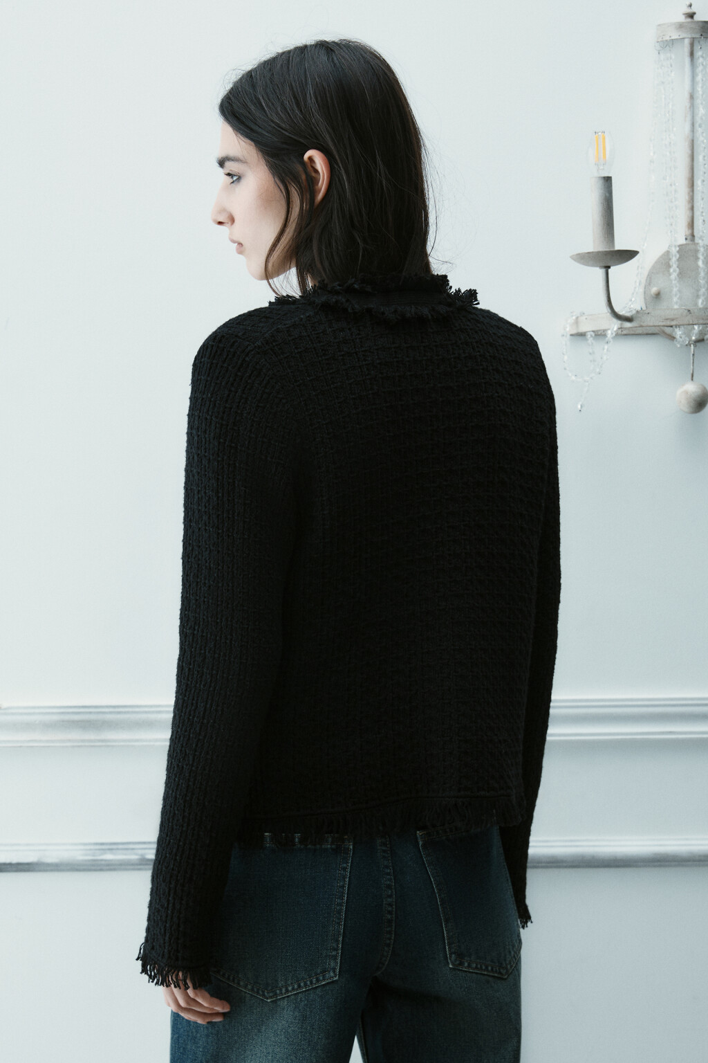 Жакет твидовый с бахромой - цвет черный - 4