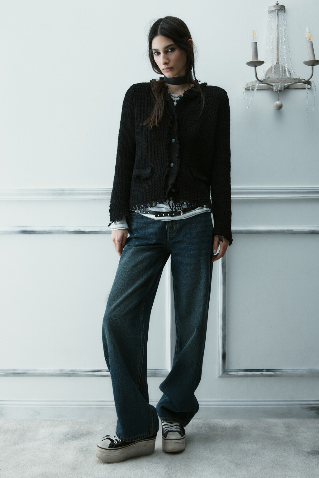 Жакет твидовый с бахромой - цвет черный - 5