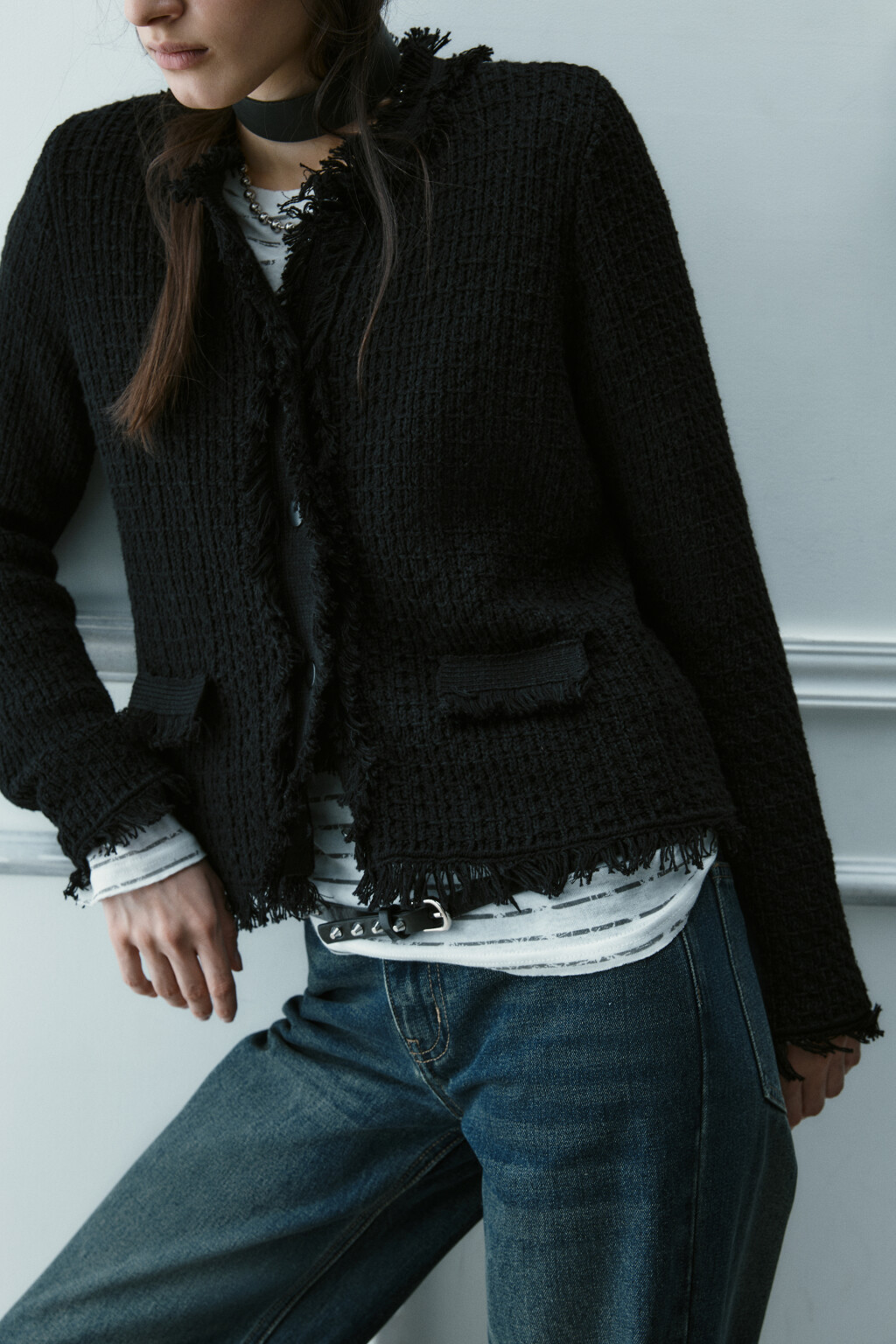 Жакет твидовый с бахромой - цвет черный - 7