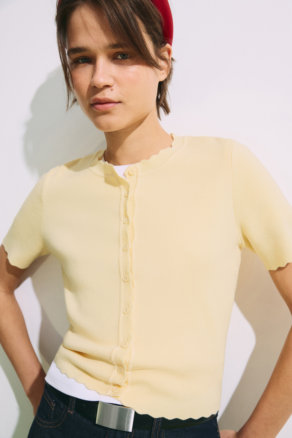 Кардиган на пуговицах с короткими рукавами - цвет желтый - 1