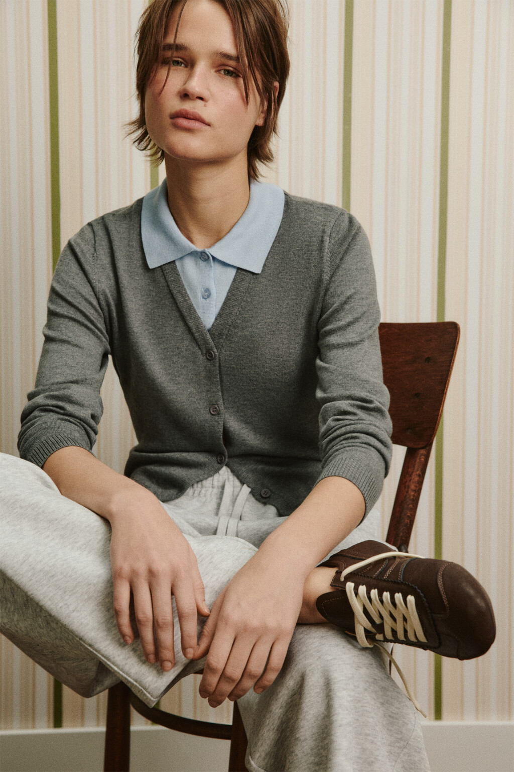 Кардиган вязаный с имитацией поло - цвет серый - 1