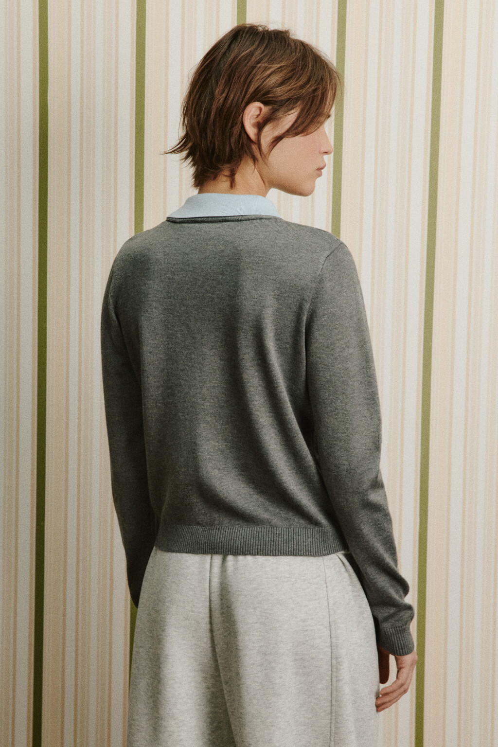 Кардиган вязаный с имитацией поло - цвет серый - 3