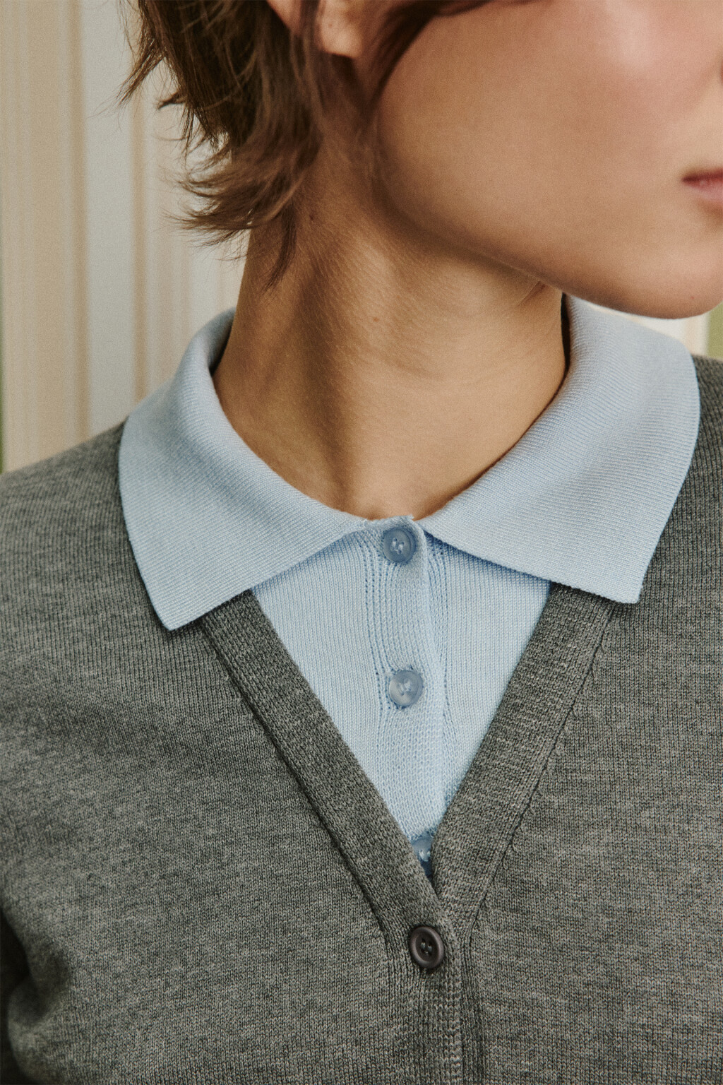 Кардиган вязаный с имитацией поло - цвет серый - 5