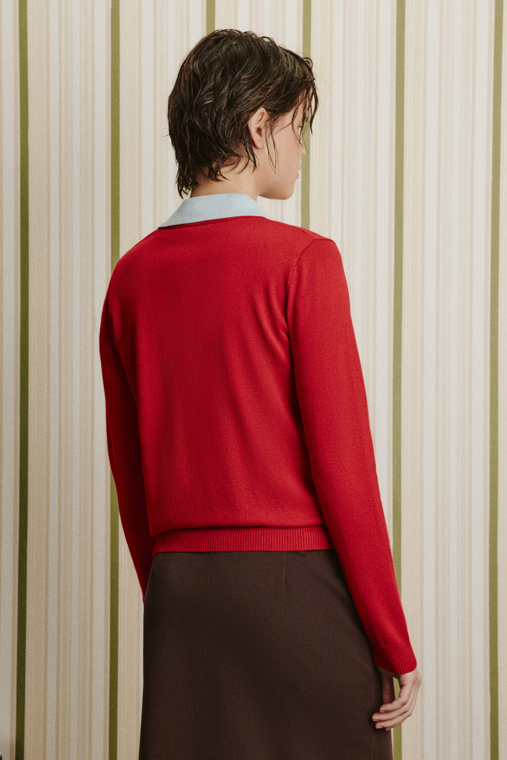 Кардиган вязаный с имитацией поло - цвет красный - 3