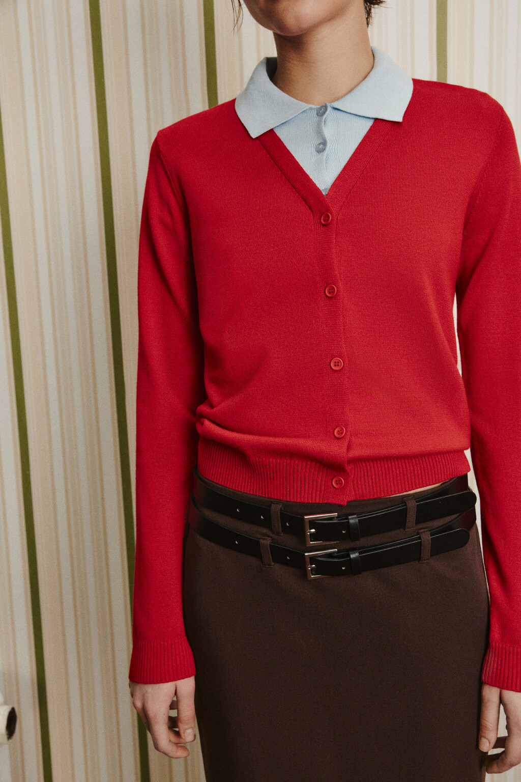 Кардиган вязаный с имитацией поло - цвет красный - 5