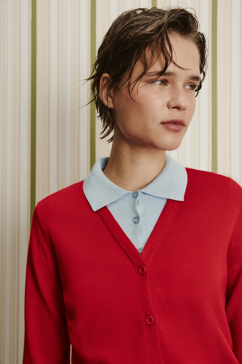 Кардиган вязаный с имитацией поло - цвет красный - 6