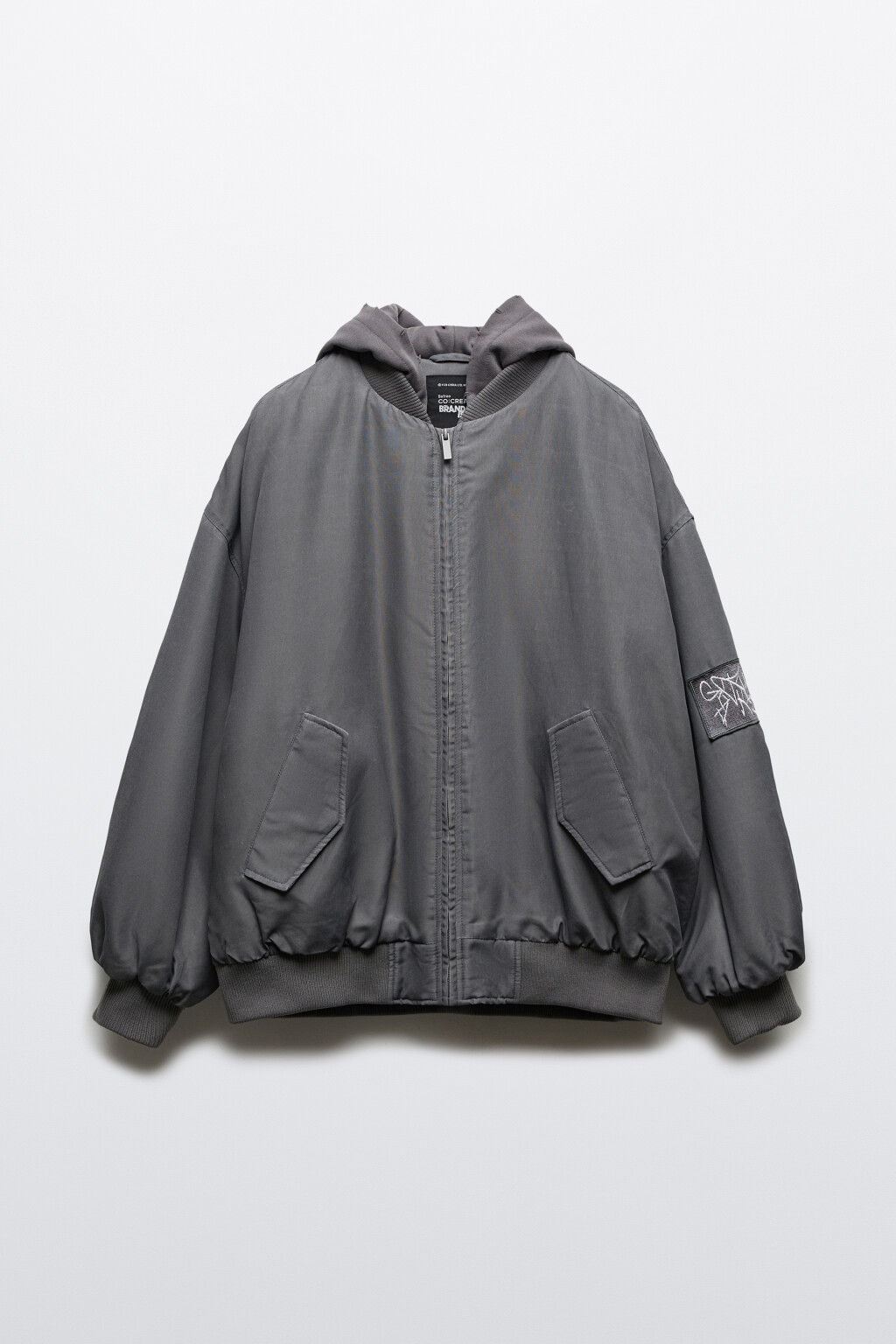 Куртка-бомбер оверсайз с капюшоном и принтом - цвет серый - 10