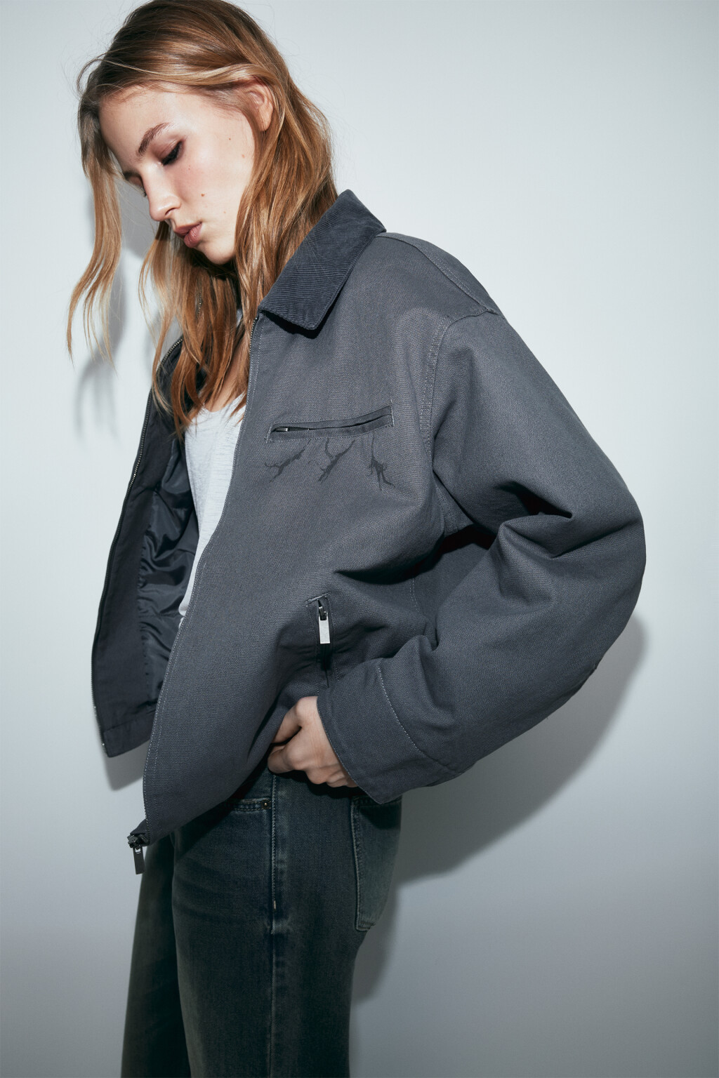 Куртка-рубашка с эффектом стирки и принтом утепленная - цвет серый - 1