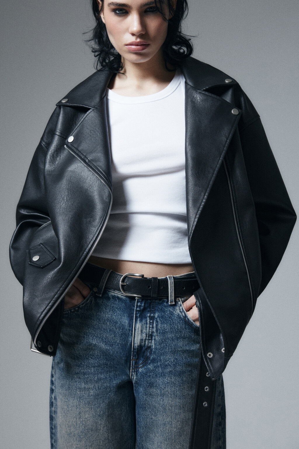 Куртка-косуха свободная с ремнем - цвет черный - 1