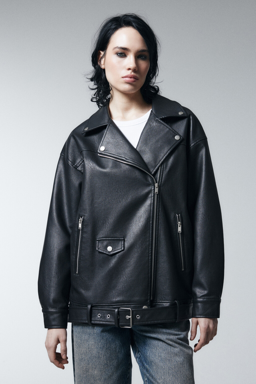 Куртка-косуха свободная с ремнем - цвет черный - 2