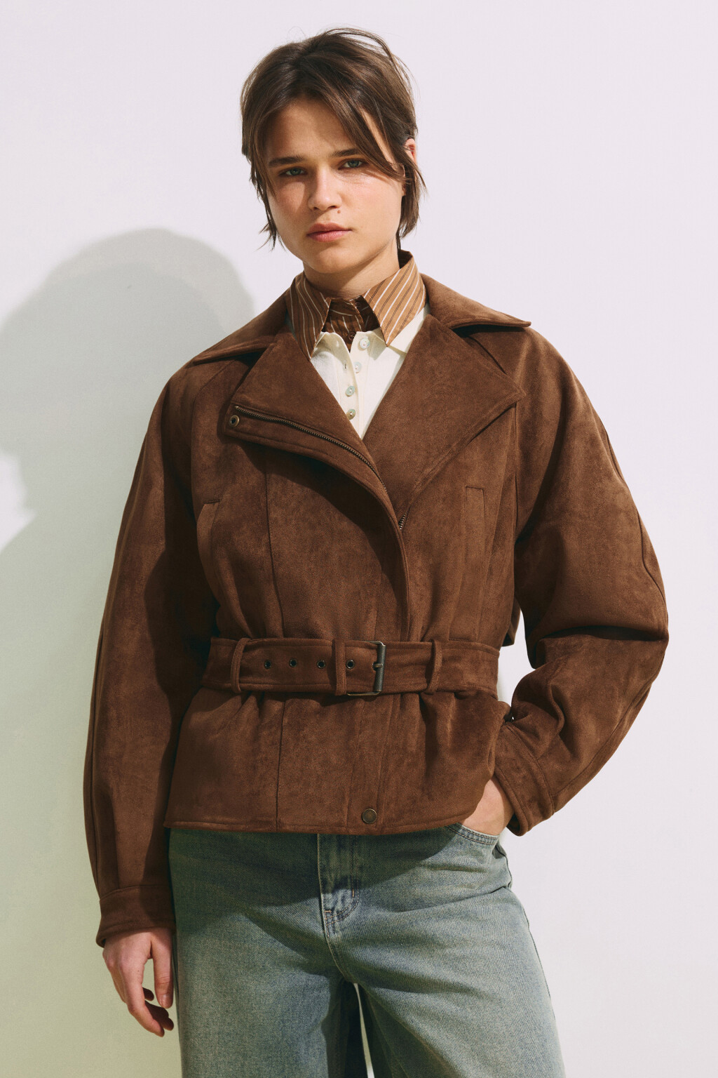 Куртка с замшевой фактурой без капюшона - цвет коричневый - 3