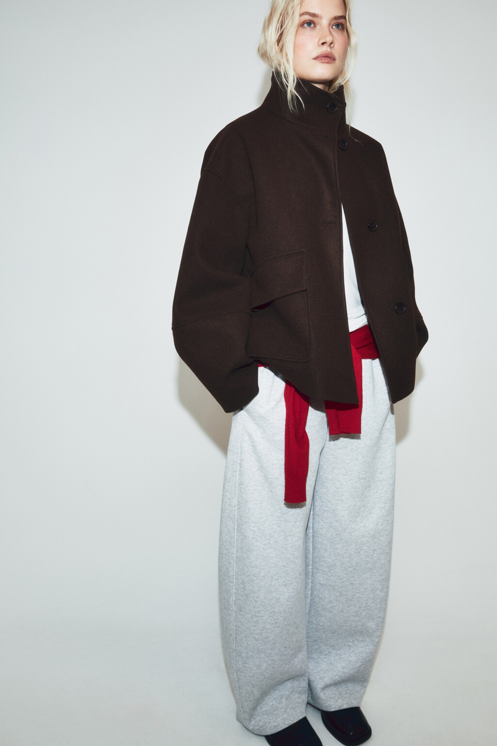 Полупальто драповое с воротником-стойкой - цвет коричневый - 1