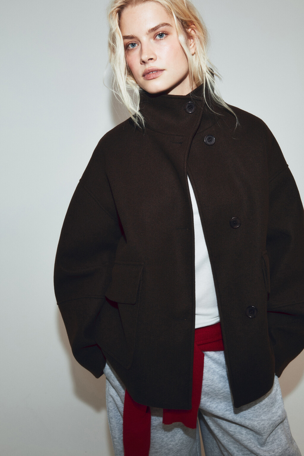 Полупальто драповое с воротником-стойкой - цвет коричневый - 2