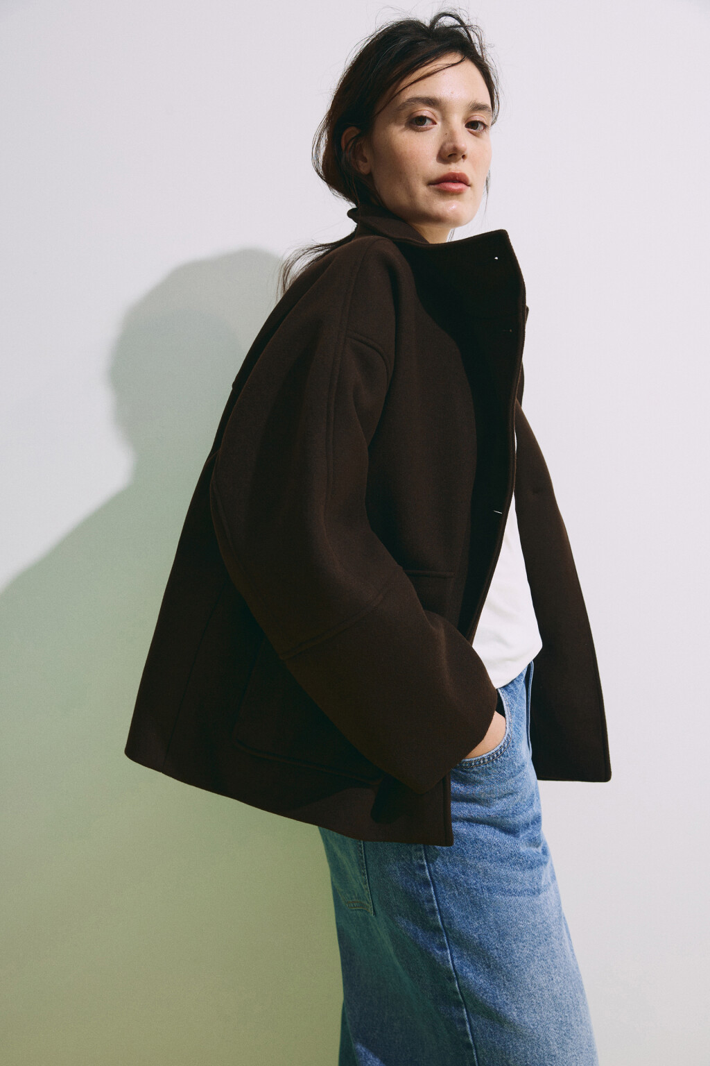 Полупальто драповое с воротником-стойкой - цвет коричневый - 1