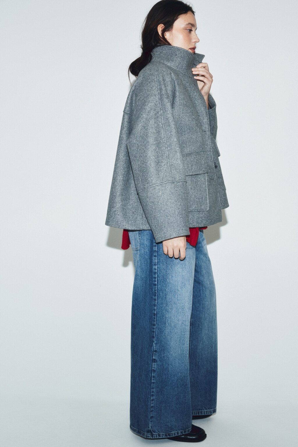 Полупальто драповое с воротником-стойкой - цвет серый - 2