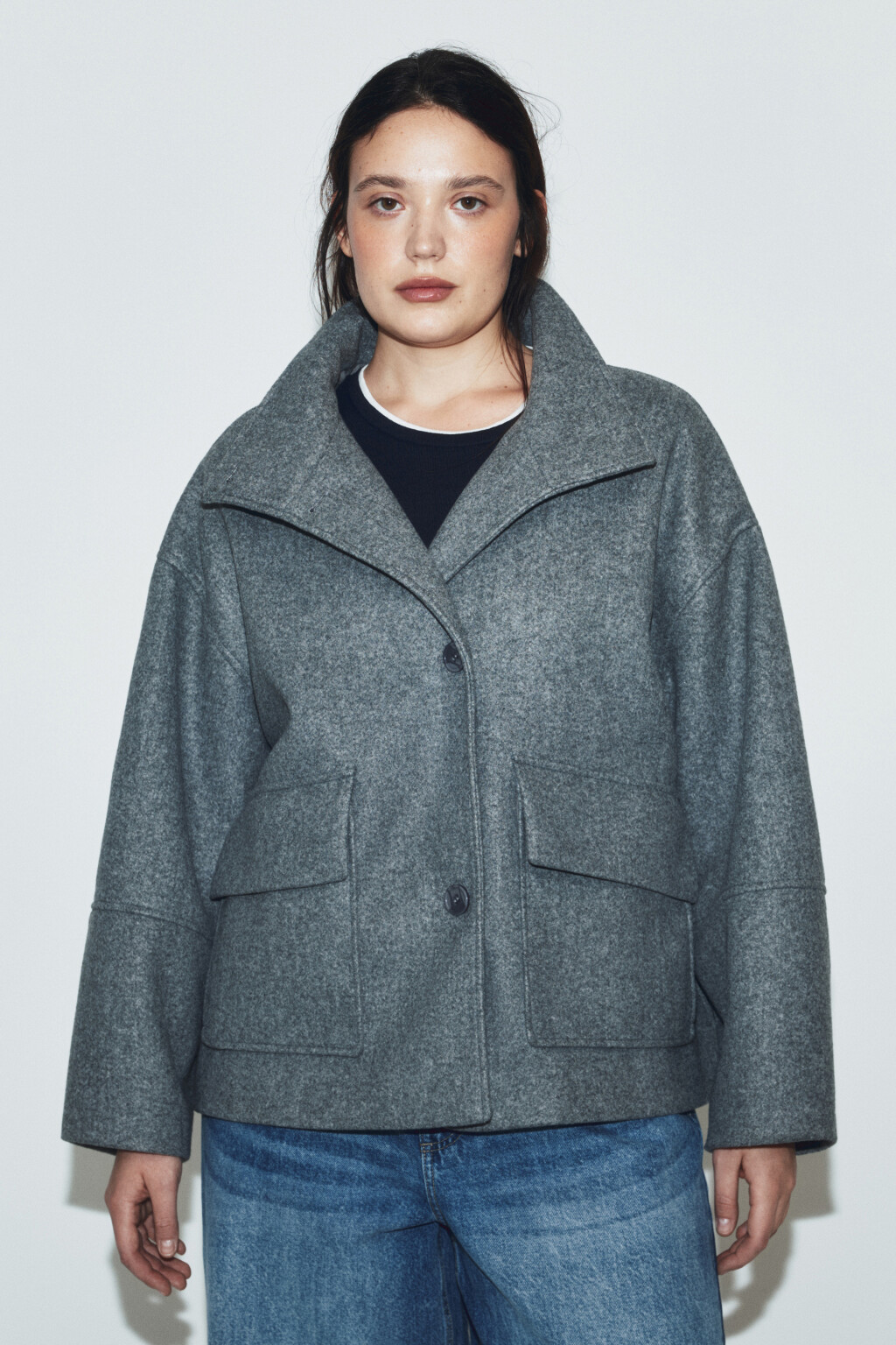 Полупальто драповое с воротником-стойкой - цвет серый - 3