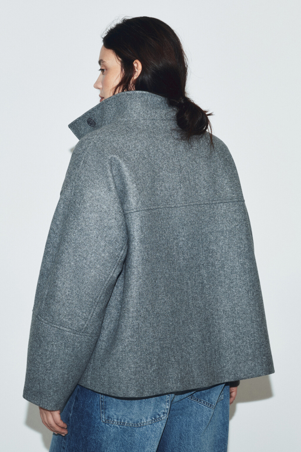 Полупальто драповое с воротником-стойкой - цвет серый - 4